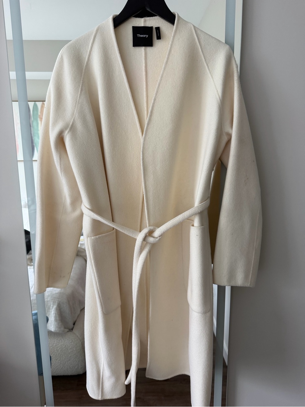 Theory Cream Open-Front Belted Robe Coat